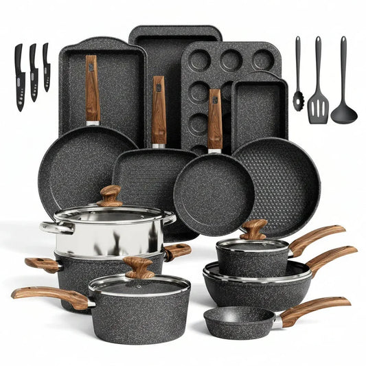 Complete cookware set with pots, pans, baking trays, and utensils for everyday kitchen use