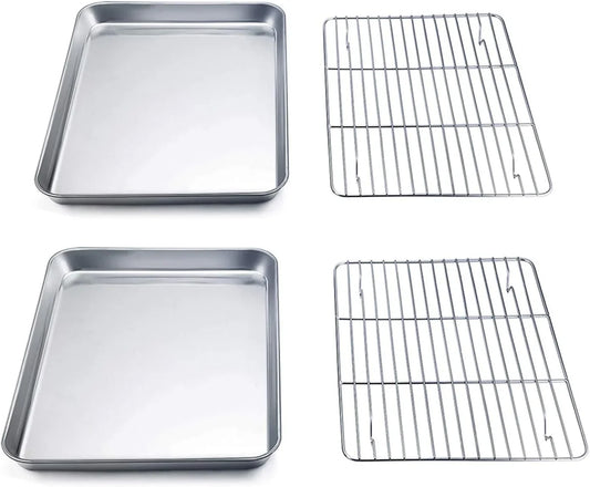 9'' X 7'' X 1'' Toaster Oven Pan with Rack Set of 4, Stainless Steel Compact Toaster Ovenware Pan with Cooling Rack, Healthy & Heavy Duty, Easy Clean & Dishwasher Safe, (2 Pans + 2 Racks)