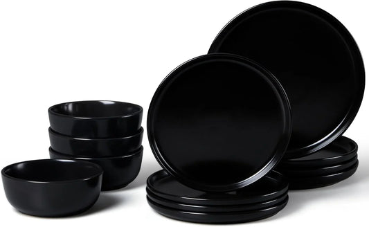 12 Piece Porcelain Dinnerware Sets for 4, Ceramic Durable Plates and Bowls, Chip and Scratch Resistant Dishware Dishes Set, Dishwasher & Microwave Safe Stoneware Set, Black Onyx