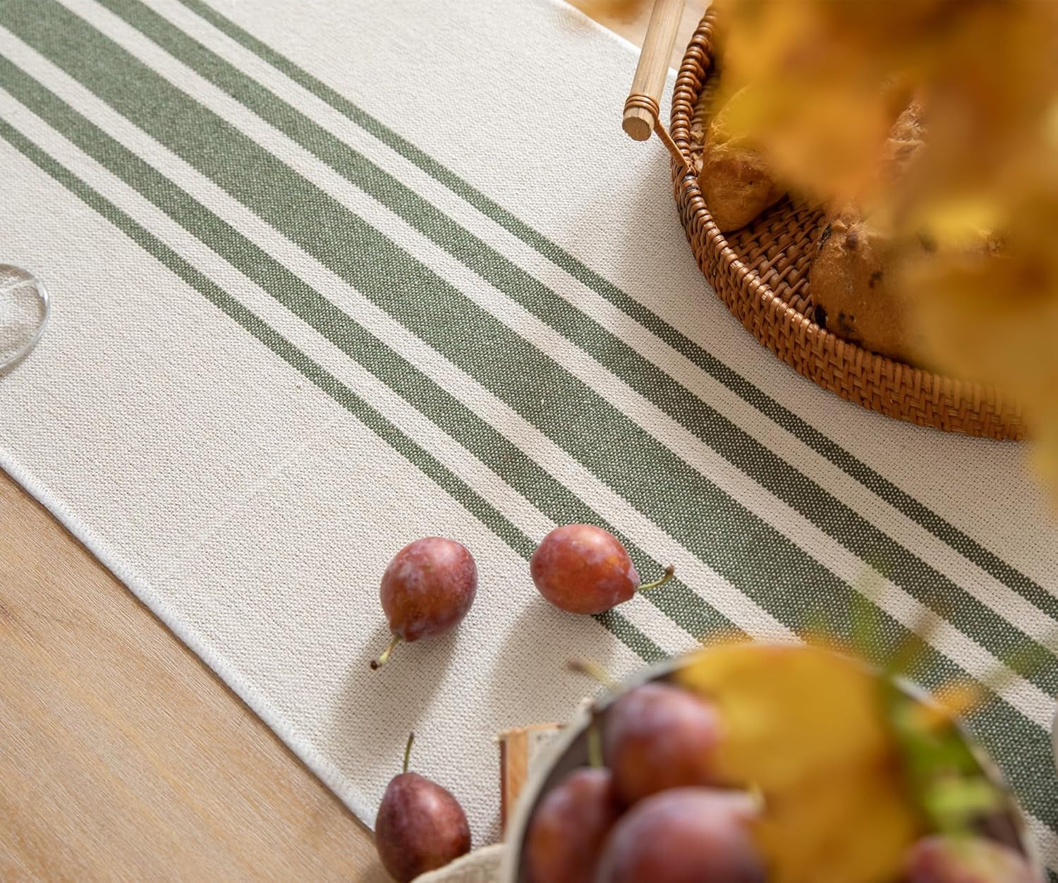 Boho Table Runner for Modern Farmhouse Decor, Dining Table Décor 13 X 72 Inch Long with Handcrafted Tassels, Green and Beige Stripe Table Runner for Home Boho Décor