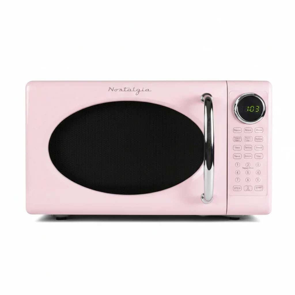 Retro Microwave Oven - 0.7 Cu Ft, 700-Watt Countertop Size with Glass Turntable, Child Safety Lock, 8 Auto-Cook Programs, Digital Clock - Pink