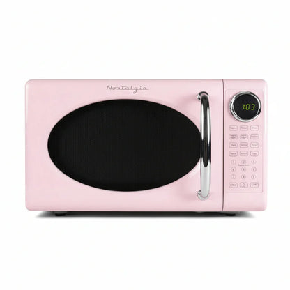 Retro Microwave Oven - 0.7 Cu Ft, 700-Watt Countertop Size with Glass Turntable, Child Safety Lock, 8 Auto-Cook Programs, Digital Clock - Pink