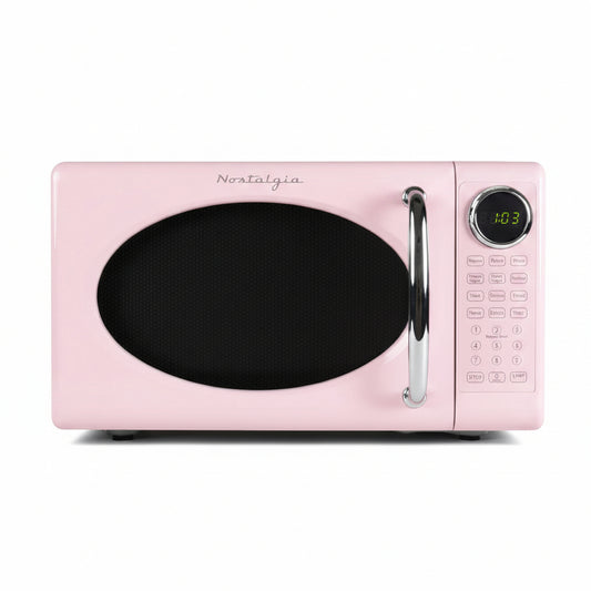 Retro Microwave Oven - 0.7 Cu Ft, 700-Watt Countertop Size with Glass Turntable, Child Safety Lock, 8 Auto-Cook Programs, Digital Clock - Pink