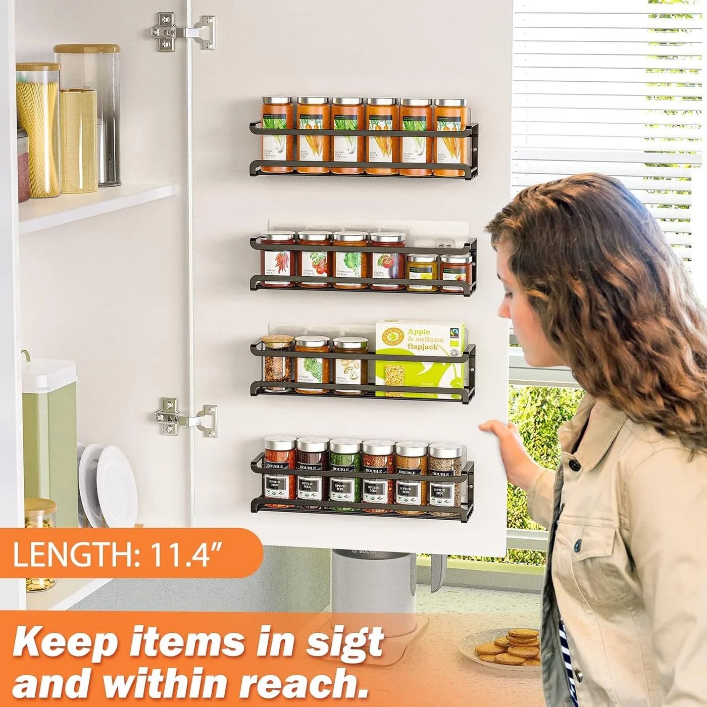 Spice Rack Wall Mounted 4 Pack,Space-Saving Spice Organizer for Spice Jars and Seasonings,Screw or Adhesive Hanging Spice Rack Organizer for Your Kitchen Cabinet,Pantry Door,11.41X2.75X2.75In