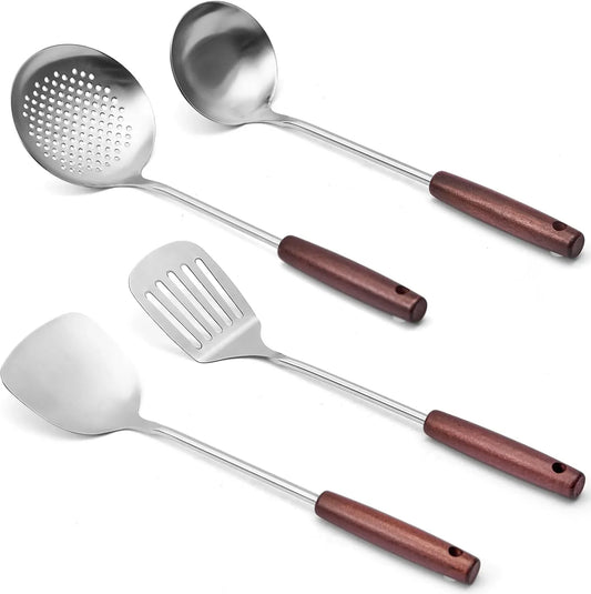 4-Piece Stainless Steel Wok Utensil Set, Anti-Scald Wooden Handle Wok Spatula & Ladle for Carbon Steel Woks