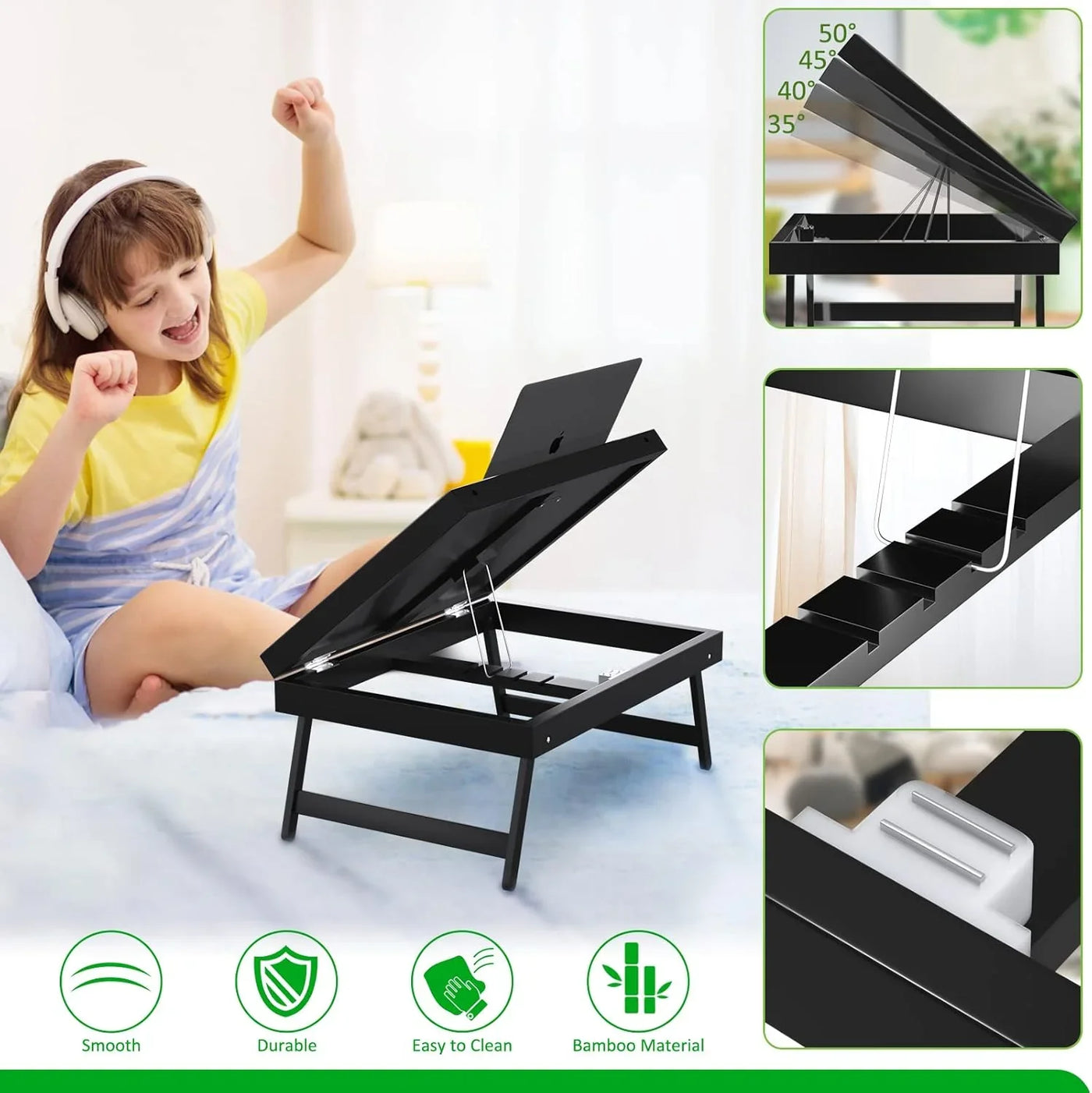 Bed Tray Table Breakfast Food Tray with Folding Legs Serving Tray for Laptop Desk, Sofa,Platters,Tv,Snack,Eating Tray(Black, Medium)