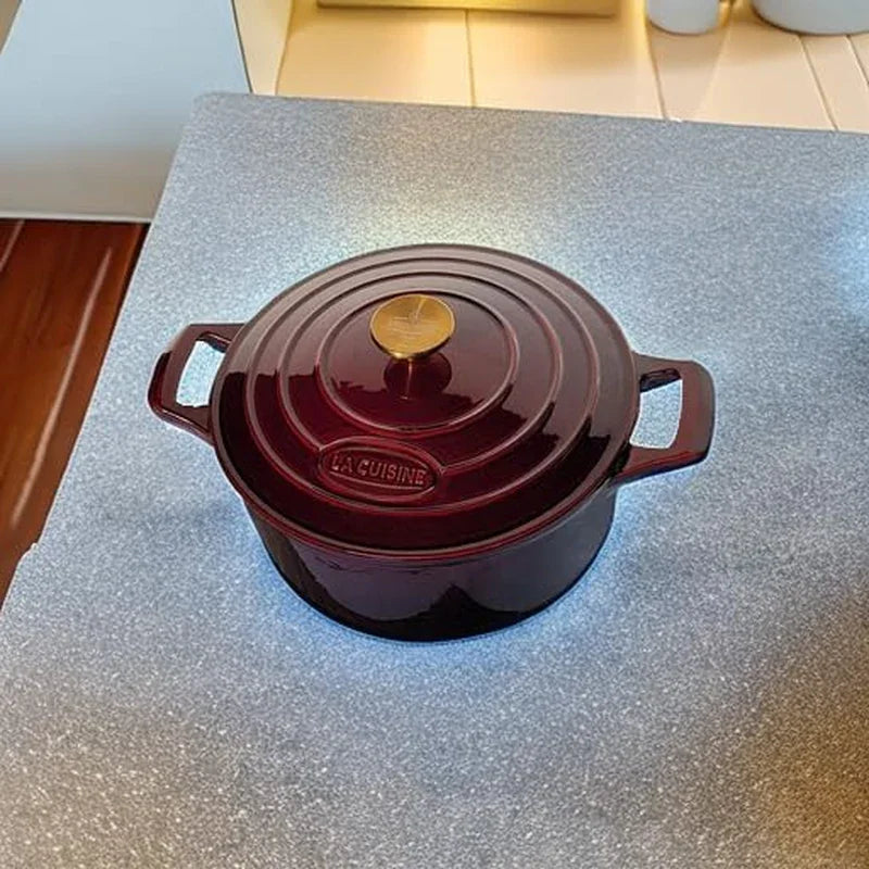 Enameled Cast Iron Dutch Oven Casserole Dish Pot with Lid, 5 QT 10.3“ /26Cm Dia. Internal Matt Black Enamel Coating Gold-Plated SS Lid Handle Oven Safe up to 500° F, Cranberry