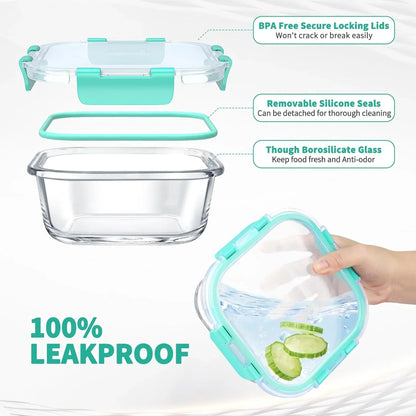 34Pcs Glass Food Storage Containers with Lids Set, Airtight Glass Meal Prep Containers (17 Containers & 17 Lids), Leak Proof Lunch Container Bpa-Free, Microwave, Oven, Freezer, Dishwasher Safe-Green