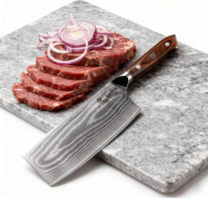 7 Inch Cleaver Knife - VG-10 Damascus Steel Professional Meat Cleaver & Butcher Knife, Razor Sharp Heavy Duty Chopper with Ergonomic Handle, for Chef & Home Kitchen
