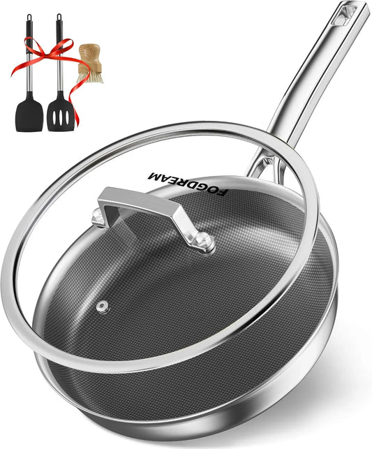 Non Stick Frying Pans, 10In Titanium Pans for Cooking, Hybrid Stainless Steel Skillet with Spatulas, PFOA Free Cookware, Stay Cool Handle, Dishwasher & Oven-Safe,Induction Compatible,Silver