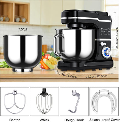 7.5 QT Stand Food Mixer, 10-Speed Tilt Head 3 In-1 Kitchen Electric Mixer with Stainless Steel Bowl, Egg Whisk, Dough Hook, Beater, Splash Guard, Compact Dough Mixer for Home Cooks, Black
