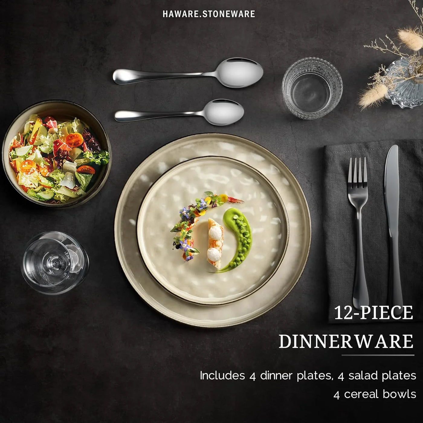 Dinnerware Sets, 12-Piece Plates and Bowls Set, Stoneware Dish Set for 4, Ceramic Dinnerware for Home Restaurant, Chip and Scratch Resistant, Microwave and Dishwasher Safe, Saturn Khaki