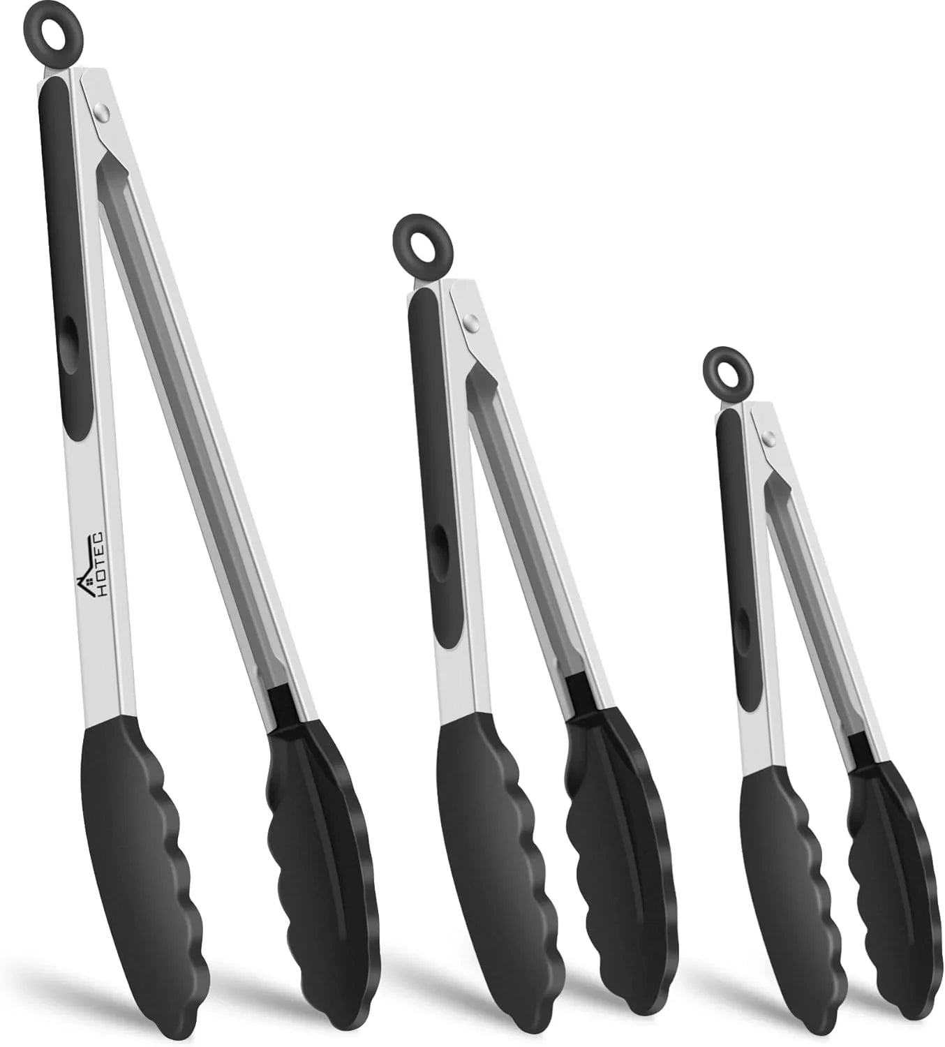 Premium Stainless Steel Locking Kitchen Tongs with Silicon Tips, Heat Resistant Cooking Tongs Set of 3-7", 9" and 12" (Black)