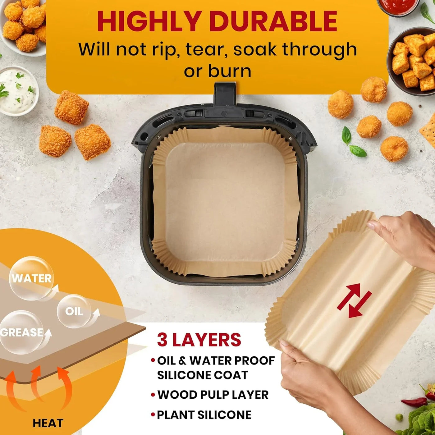 Air Fryer Paper Liners, 125Pcs Air Fryer Disposable Liners, Non-Stick and Oil Proof for Easy Cleanup, 8” Square for 5-8 Qt Basket by