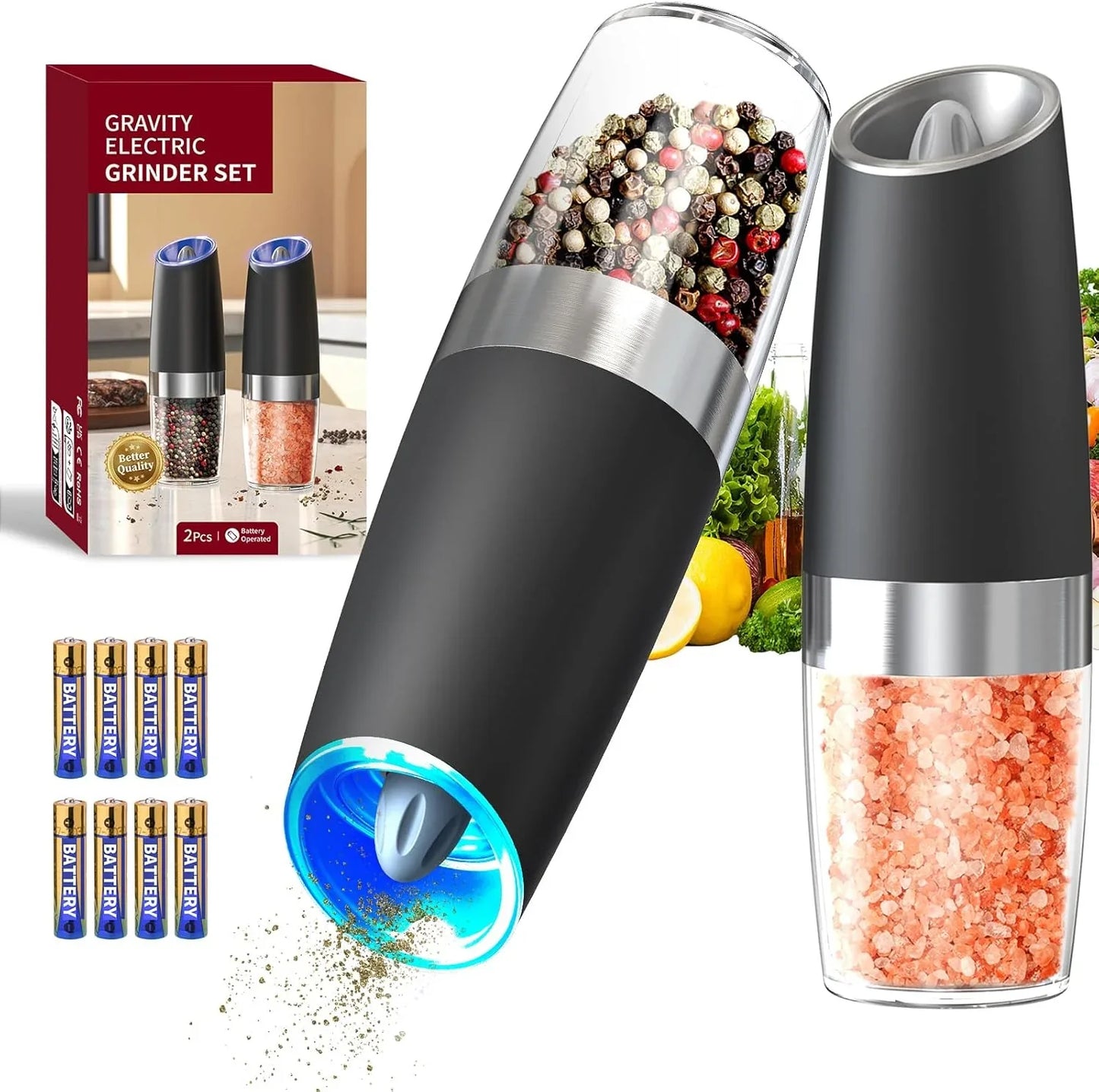 Gravity Electric Salt and Pepper Grinder Set Automatic Salt and Pepper Grinder Set with LED Light, Battery Operated, Adjustable Coarseness, Large Capacity, for Home Kitchen BBQ, Black