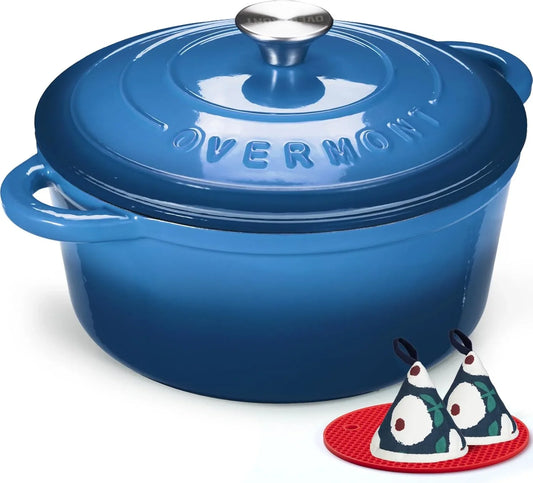 Enameled Cast Iron Dutch Oven - 7QT Pot with Lid Cookbook & Cotton Potholders - Heavy-Duty Cookware for Braising, Stews, Roasting, Sourdough Baking Blue