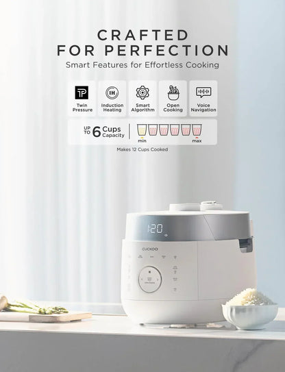 Smart rice cooker with induction heating, voice navigation, and 6-cup capacity for effortless cooking