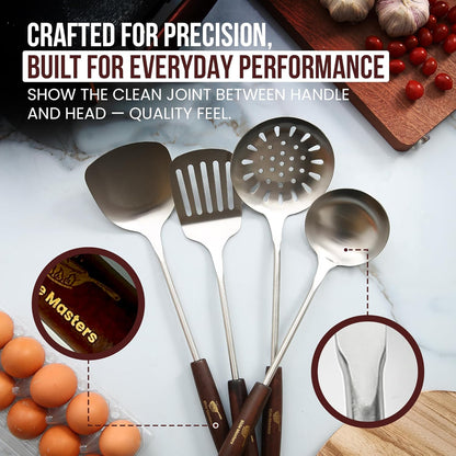 Pre-Seasoned Cast Iron Nonstick Stir-Fry Pan | Dual Handles & 4 Spatulas | Flat Bottom Wok with Wooden Lid & Wood Handle | Traditional Chinese Induction Wok (32Cm)