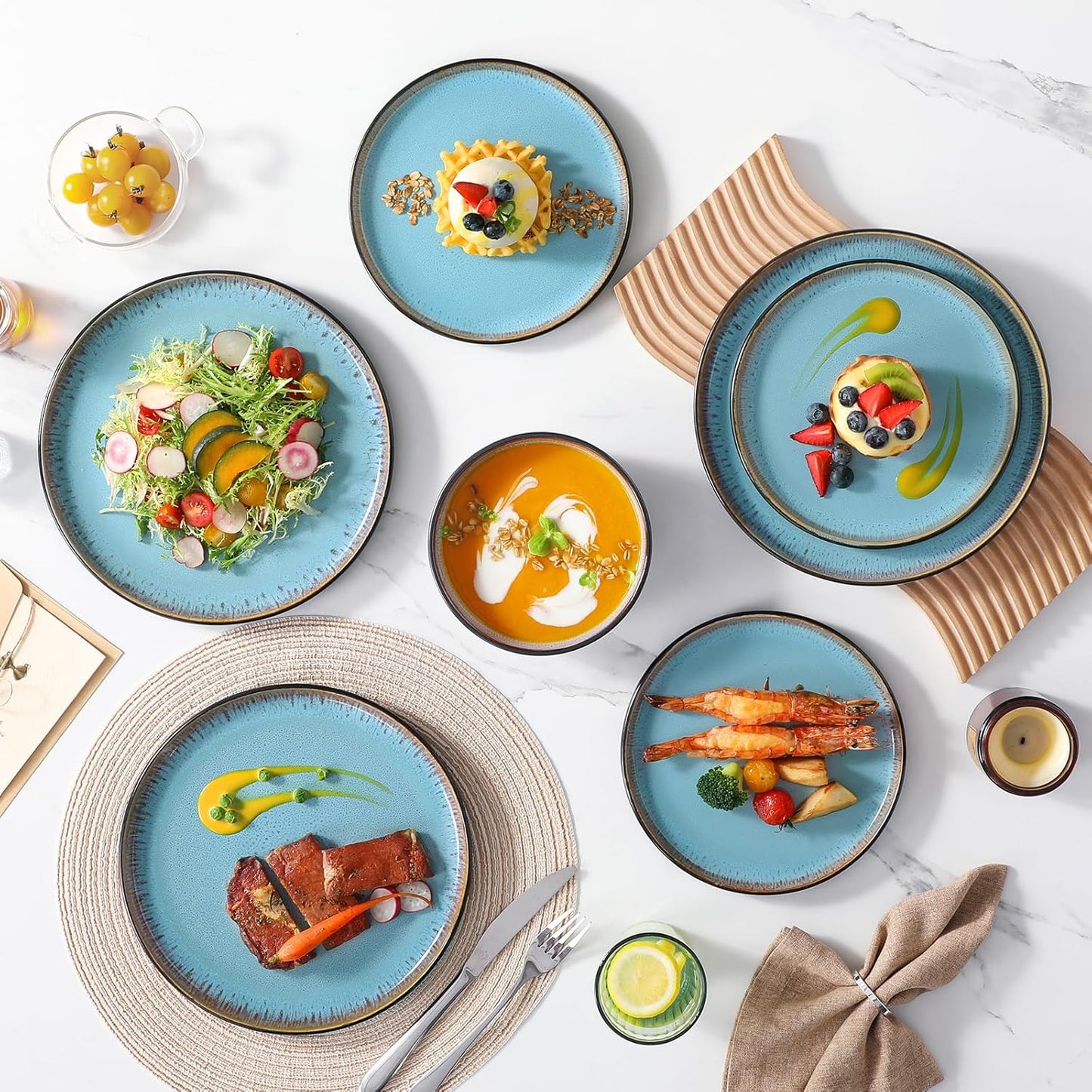 Plates and Bowls Sets, 18 Pieces Stoneware Dinnerware Sets for 6, Kitchen Dish Set Mircowave and Dishwasher Safe Ceramic Dishware, Blue, Series AMBER