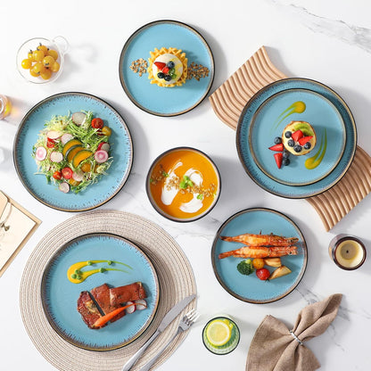 Plates and Bowls Sets, 18 Pieces Stoneware Dinnerware Sets for 6, Kitchen Dish Set Mircowave and Dishwasher Safe Ceramic Dishware, Blue, Series AMBER