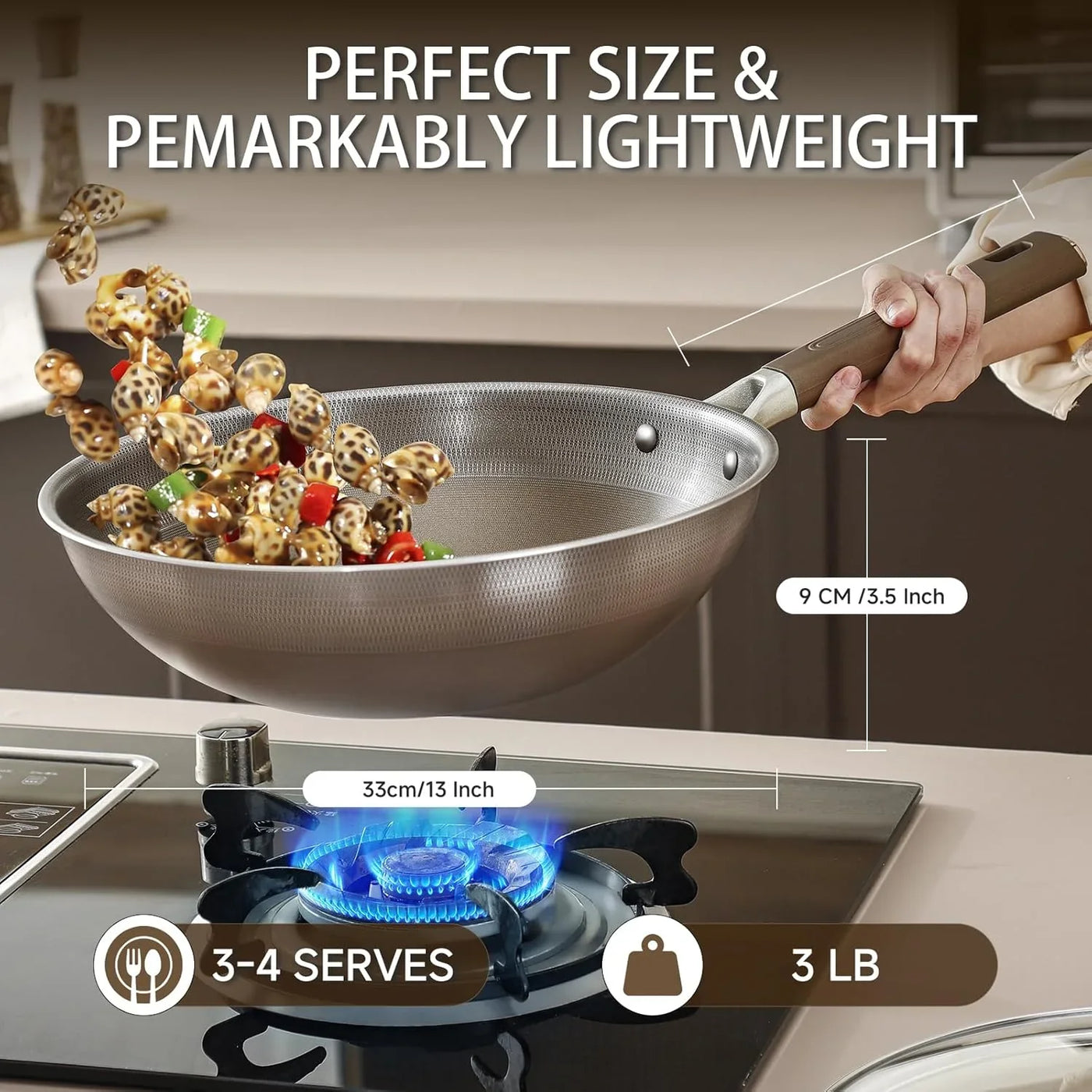 13 Inch Titanium Wok Pan with Lid - Non Stick Frying Pan, Extended Cool-Touch Handle, PFAS/PFOA/PTFE Free Flat Bottom Wok, Dishwasher Safe, Works on All Stovetops Including Induction