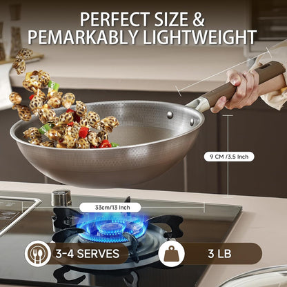 13 Inch Titanium Wok Pan with Lid - Non Stick Frying Pan, Extended Cool-Touch Handle, PFAS/PFOA/PTFE Free Flat Bottom Wok, Dishwasher Safe, Works on All Stovetops Including Induction