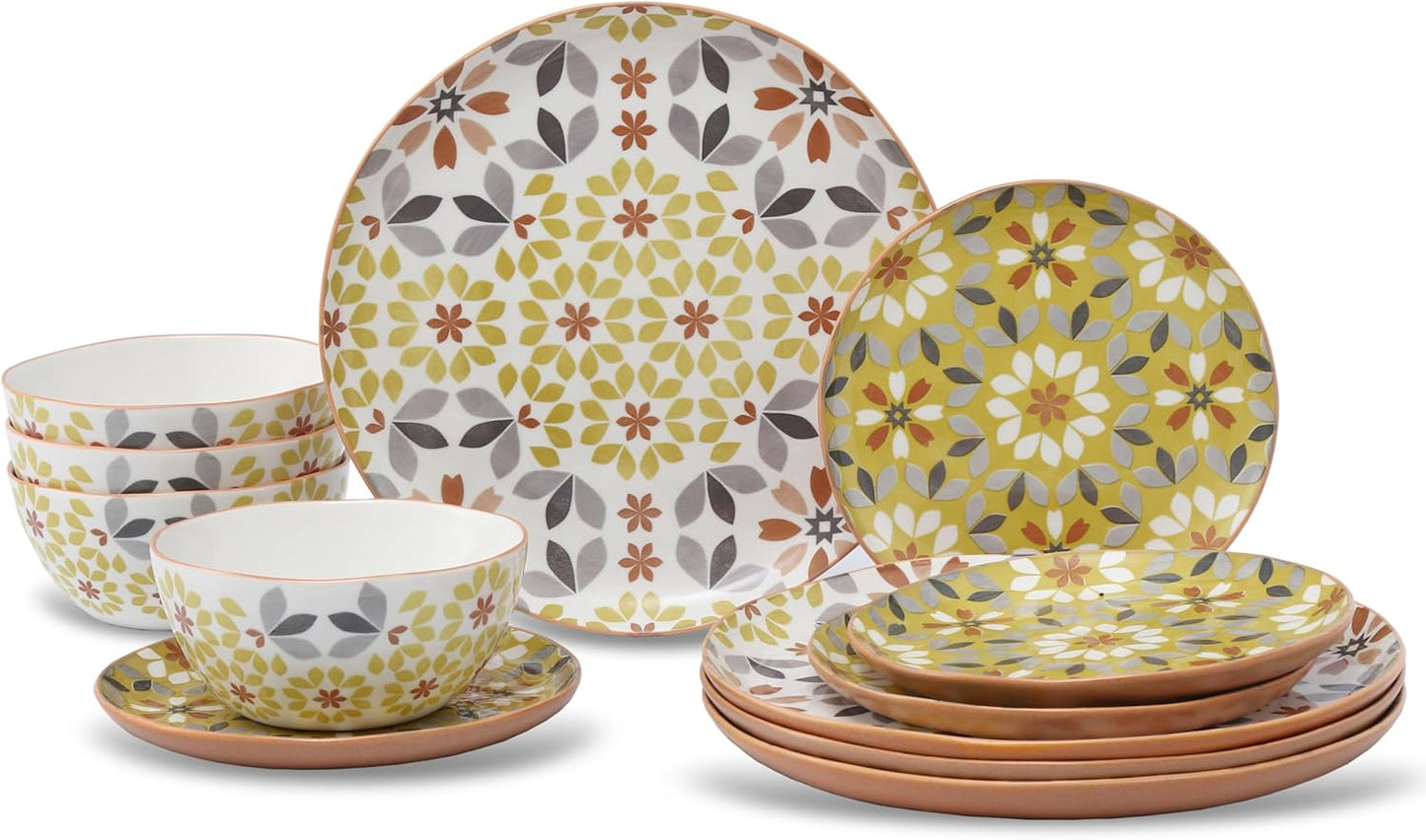 Floral Dinnerware Set, 12 Piece, Bone China, Yellow and Gray Pattern, Microwave and Dishwasher Safe