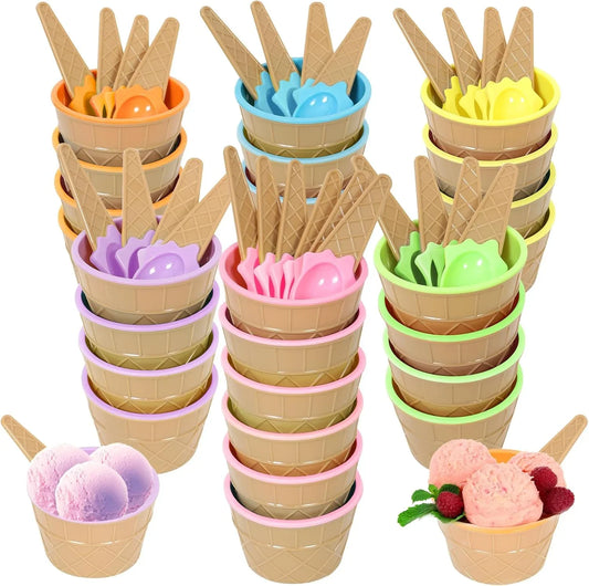 26 Pack Plastic Ice Cream Bowls with Spoons,Reusable Plastic Ice Cream Cups,Cartoon Candy Colorice Cream Bowls Set for Sundae Frozen Yogurt Summer Holiday Parties