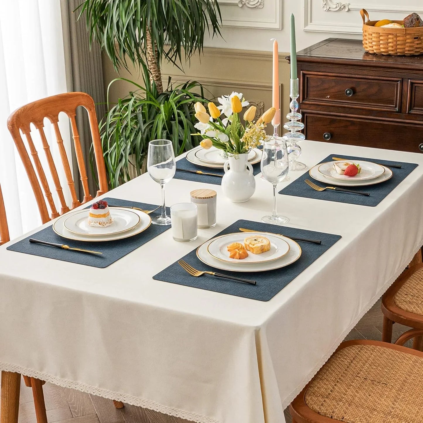 Vinyl Placemats Set of 4-12 X 17 Inch - Faux Leather 100% Waterproof Oil-Proof Wipeable Place Mats, Heat Resistant Reversible PU Table Mats for Kitchen Dining Party Outdoor, Navy Blue