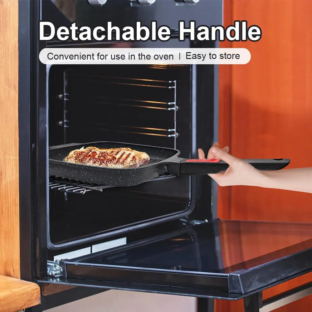 Griddle Pan with Lid, 10 Inch Cast Aluminium Non Stick Grill Pan with Detachable Handle for Induction Hob, Black