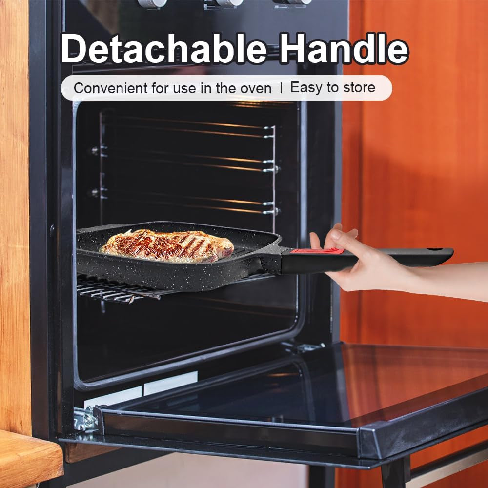 Griddle Pan with Lid, 10 Inch Cast Aluminium Non Stick Grill Pan with Detachable Handle for Induction Hob, Black