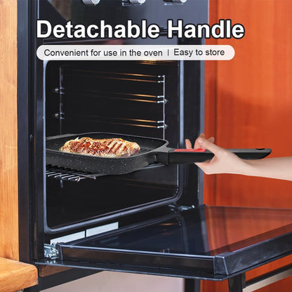 Griddle Pan with Lid, 10 Inch Cast Aluminium Non Stick Grill Pan with Detachable Handle for Induction Hob, Black