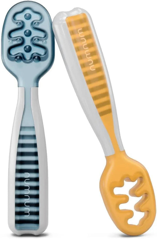 Baby Spoons Set, Baby Essentials Pre-Spoon Gootensils for 6+ Months, First Stage Self-Feeding Spoons for Baby Led Weaning (BLW), Silicone Toddler Utensils, Bpa-Free, 2 Pack Blue/Orange