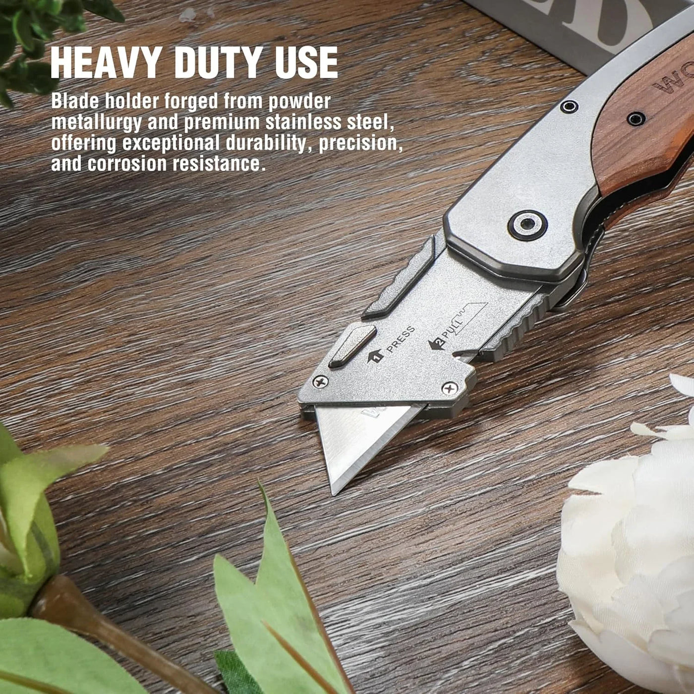 Folding Utility Knife, Quick-Change Box Cutter with Stainless Steel Head & Liner Lock, Wood Handle Razor Knife and Extra 10PC SK5 Blades