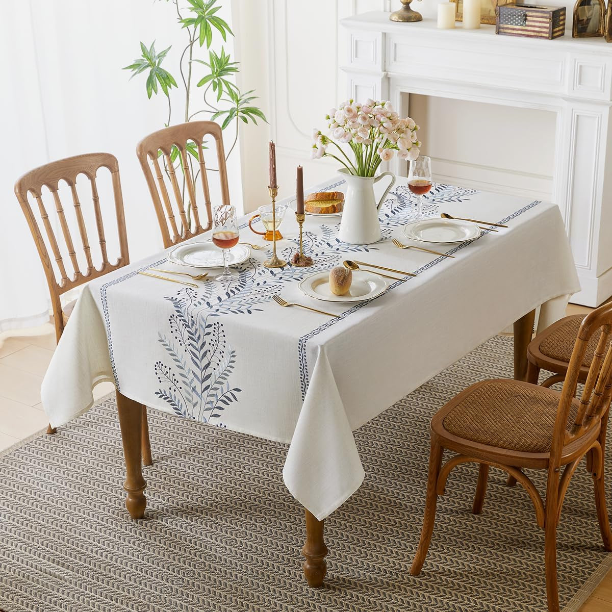 Linen Style Embroidered Tablecloth, Waterproof and Wrinkle-Resistant Table Cloth Rectangle Tables, Farmhouse Floral Rectangle Table Cover for Dining Room and Outdoor Parties(Blue, 55"X71")