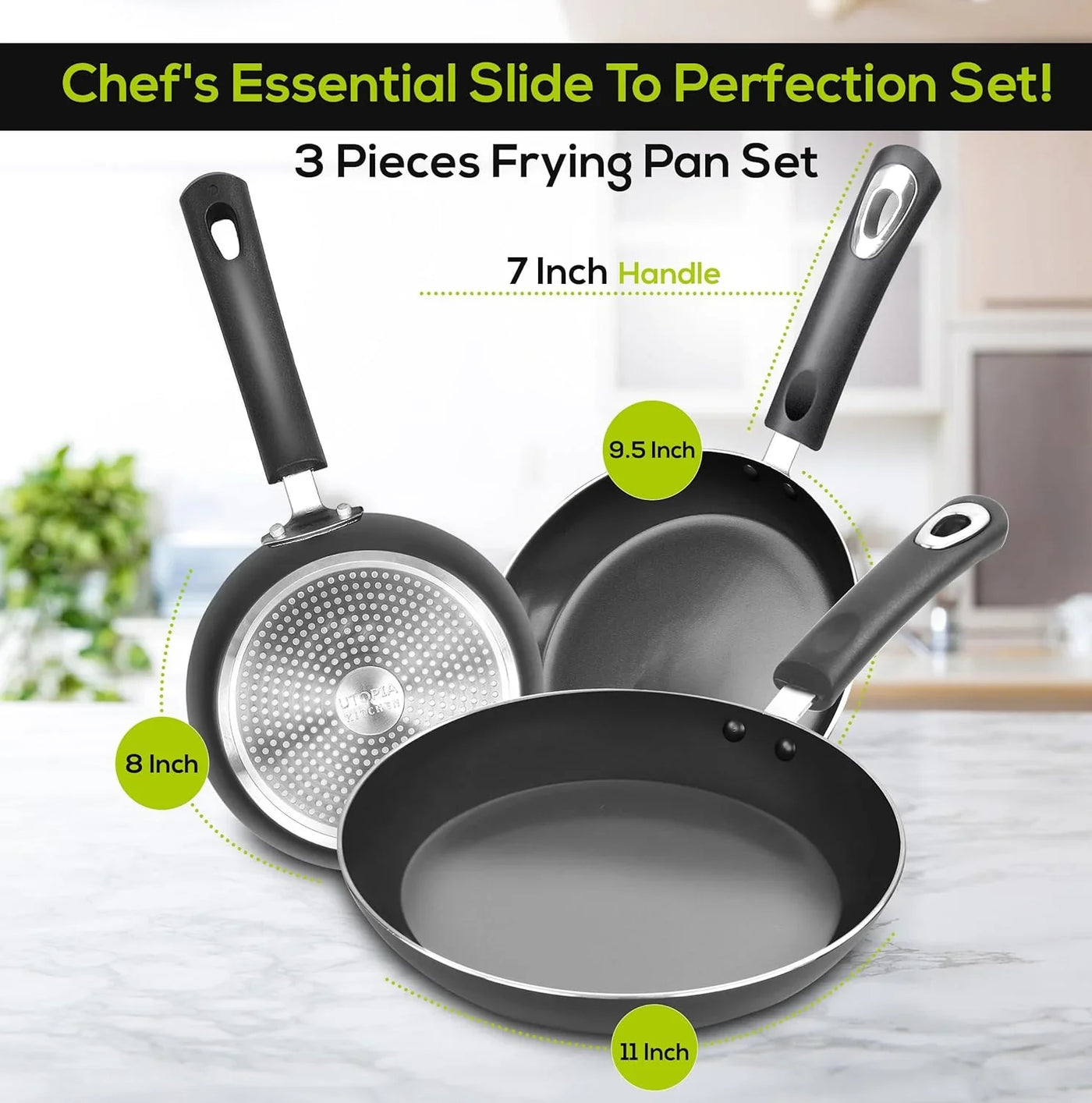 Nonstick Cookware 3 Piece Omelette Pan Skillet Set, Nonstick Frying Pans with Induction Bottom, 8, 9.5 & 11 Inches Frying Pans with Bakelite Handles, PFOA Free, Grey