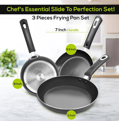 Nonstick Cookware 3 Piece Omelette Pan Skillet Set, Nonstick Frying Pans with Induction Bottom, 8, 9.5 & 11 Inches Frying Pans with Bakelite Handles, PFOA Free, Grey