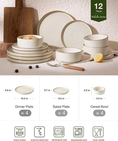 Nebula Plates and Bowls Sets, 12 Pieces Stoneware Dinnerware Sets, Reactive Glaze Dish Set, Dishes Set for 4, Matte Beige White with Brown Rim