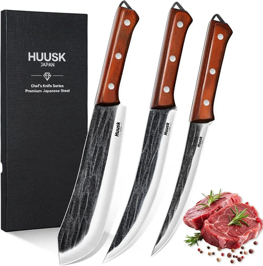 Butcher Knife Set for Meat Cutting, 3PCS Carving BBQ Brisket Knives, Hand-Forged Kitchen Knive Set with Ergonomic Handle, Christmas Gifts for Men Women