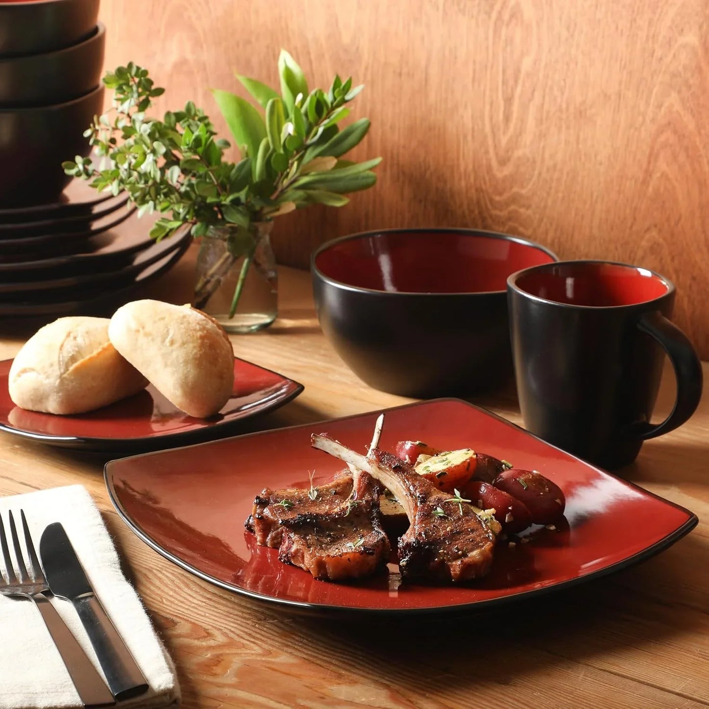 Soho Lounge Square 16-Piece Dinnerware Set, Service for 4, Reactive Glaze Stoneware Plates and Bowls, Modern Dishes, Microwave & Dishwasher Safe – Red and Black