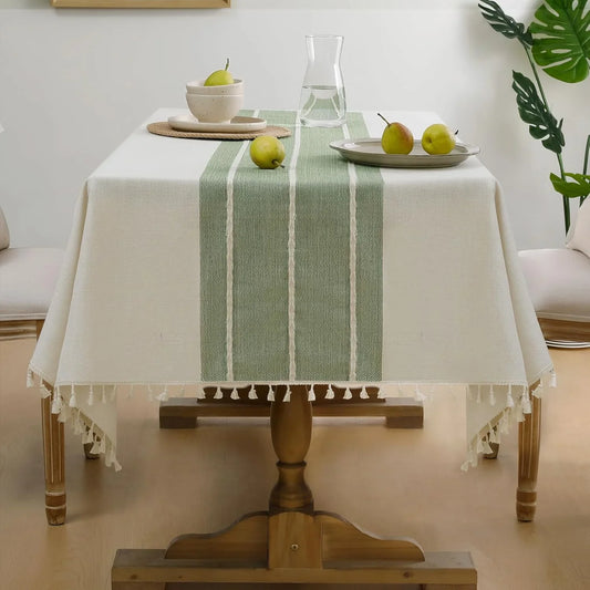 Outdoor Tablecloth Rectangle, Waterproof Linen Cotton Farmhouse Table Cloths with Tassel, Heavy Weight Wrinkle Free Boho Table Cover for Picnic Camping Dining - 55 X 70 Inch, Sage Lines