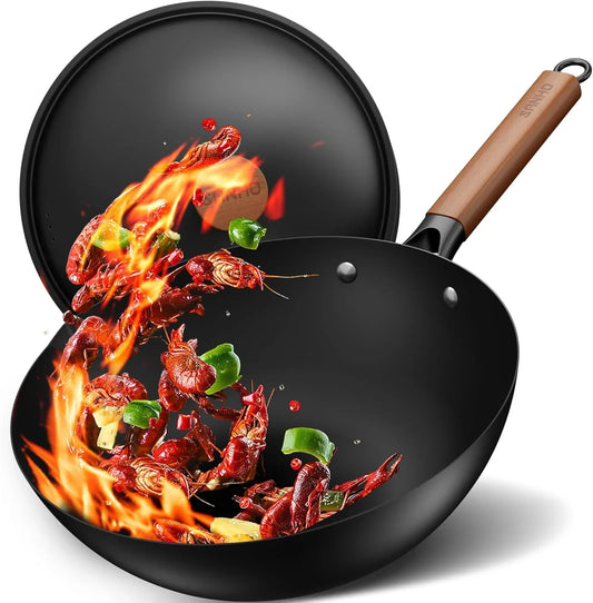 12.6"/32Cm Carbon Steel Wok Pan, 5QT Nonstick Wok with Lid, No Seasoning Required & 0 Coating, Compatible with All Cooktops & Utensils for Healthy Stir Frying, Frying, Boiling, Steaming