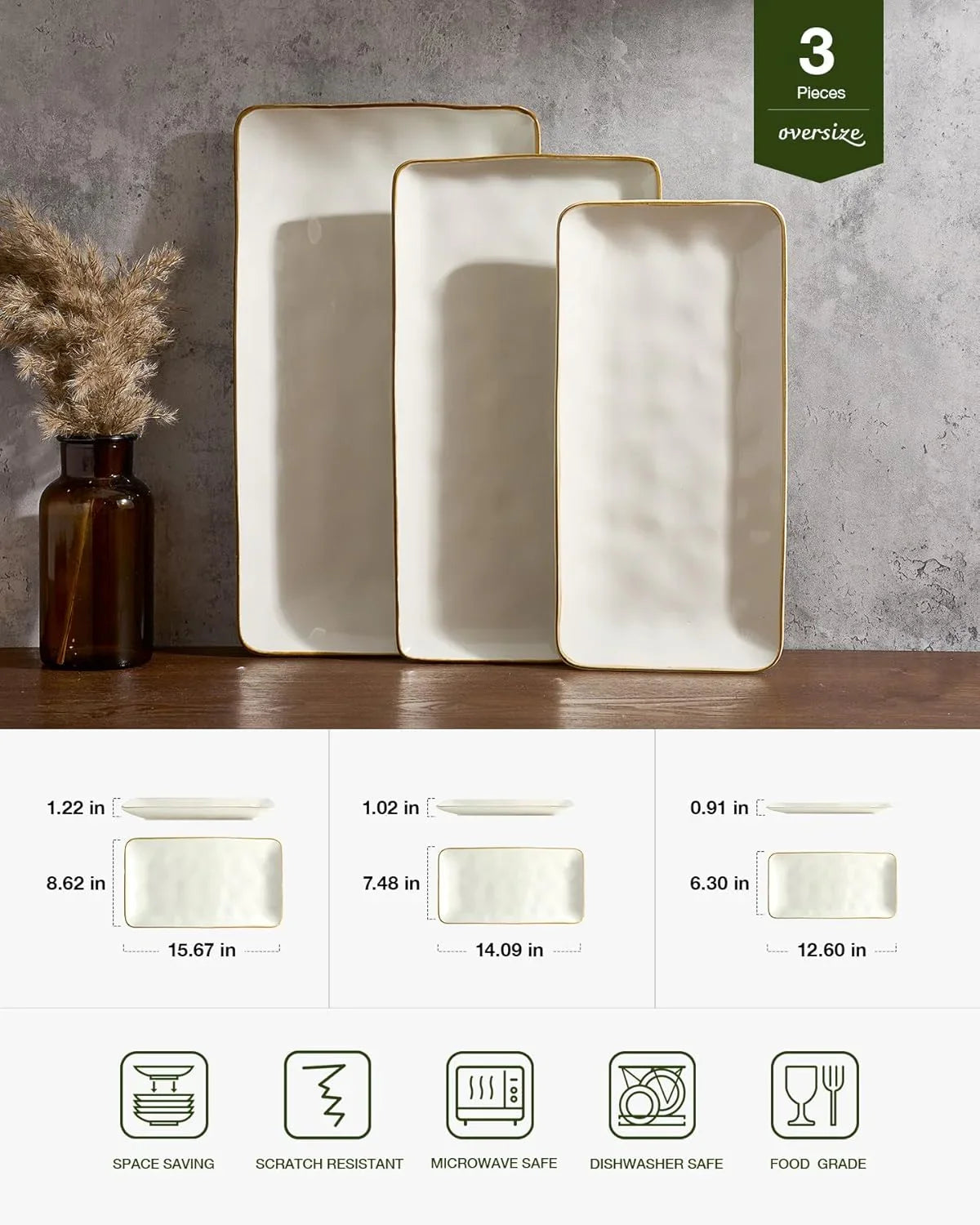 Serving Platter, Rectangular 15.67/14.1/12.6Inch Serving Dishes for Entertaining, Microwave Dishwasher Safe, Stoneware Serving Trays for Party, Turkey, Cheese, Ocean Series, Vanilla White