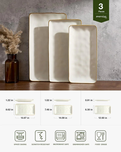 Serving Platter, Rectangular 15.67/14.1/12.6Inch Serving Dishes for Entertaining, Microwave Dishwasher Safe, Stoneware Serving Trays for Party, Turkey, Cheese, Ocean Series, Vanilla White