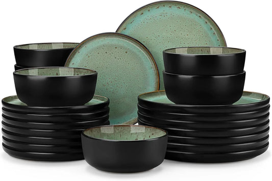 Plates and Bowls Sets, 24 Pieces Stoneware Dinnerware Sets for 8, Kitchen Dish Set Mircowave and Dishwasher Safe Ceramic Dishware, Turf Green, Series AMBER