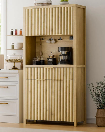 71" Fluted Pantry Cabinet with Charging Station & Adjustable Shelves, Spacious Kitchen Storage Cabinet with Open Countertop & Drawer for Dining Room, Living Room, Natrual