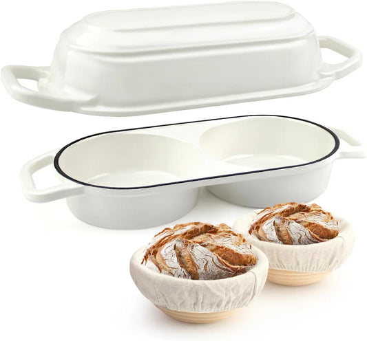 Mini Double Dutch Oven for Sourdough Bread Baking - Enameled Cast Iron Dutch Oven Pot with Lid and 5" Banneton Bread Proofing Basket Kit, Dual round Bread Loaf Pan for Homemade Baking (White)