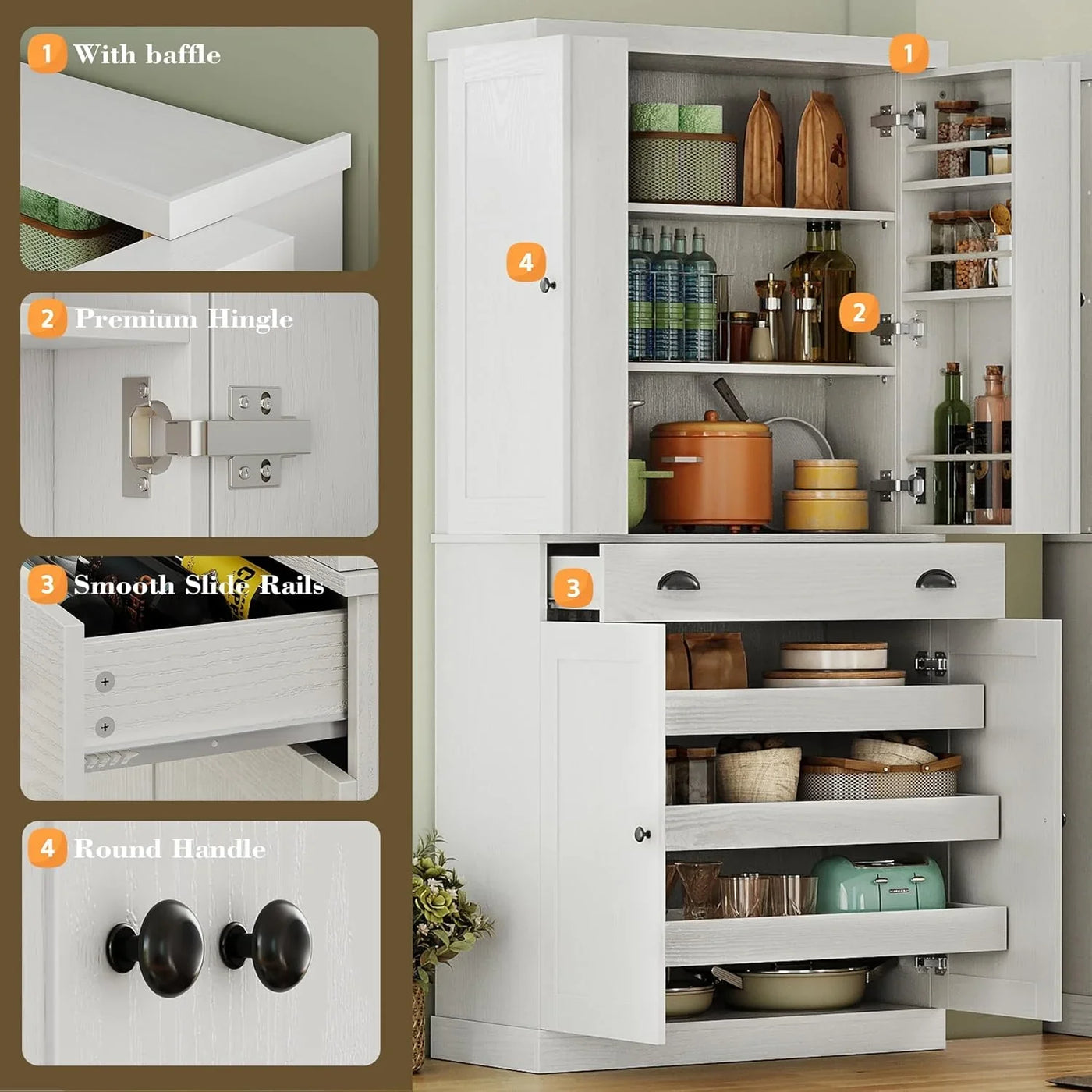 Kitchen Pantry Cabinet 72" Height, Freestanding Cupboard with Drawer, Sliding Storage Rack, and 6 Hanging Shelves for Dining Room, Laundry, White