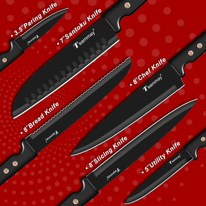 12-Piece Kitchen Knife Set, Stainless Steel Knives with Non-Stick Coating, Dishwasher Safe, Black Knife Set with Rose Gold Rivets 6 Blade Guards, Perfect for Home Chefs Cooking Enthusiasts