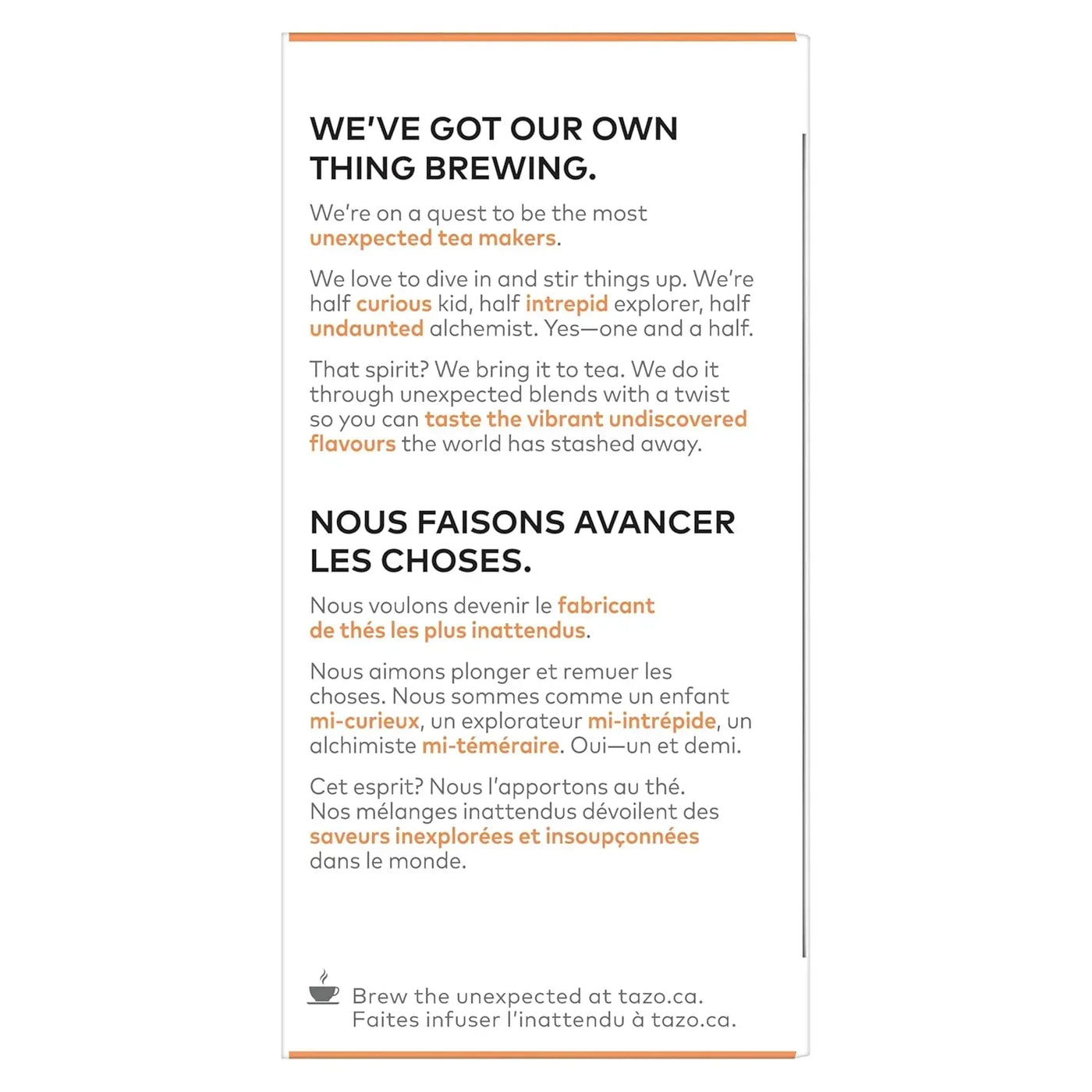 Tazo tea box with bilingual text describing unexpected tea blends and vibrant flavors for kitchen brewing
